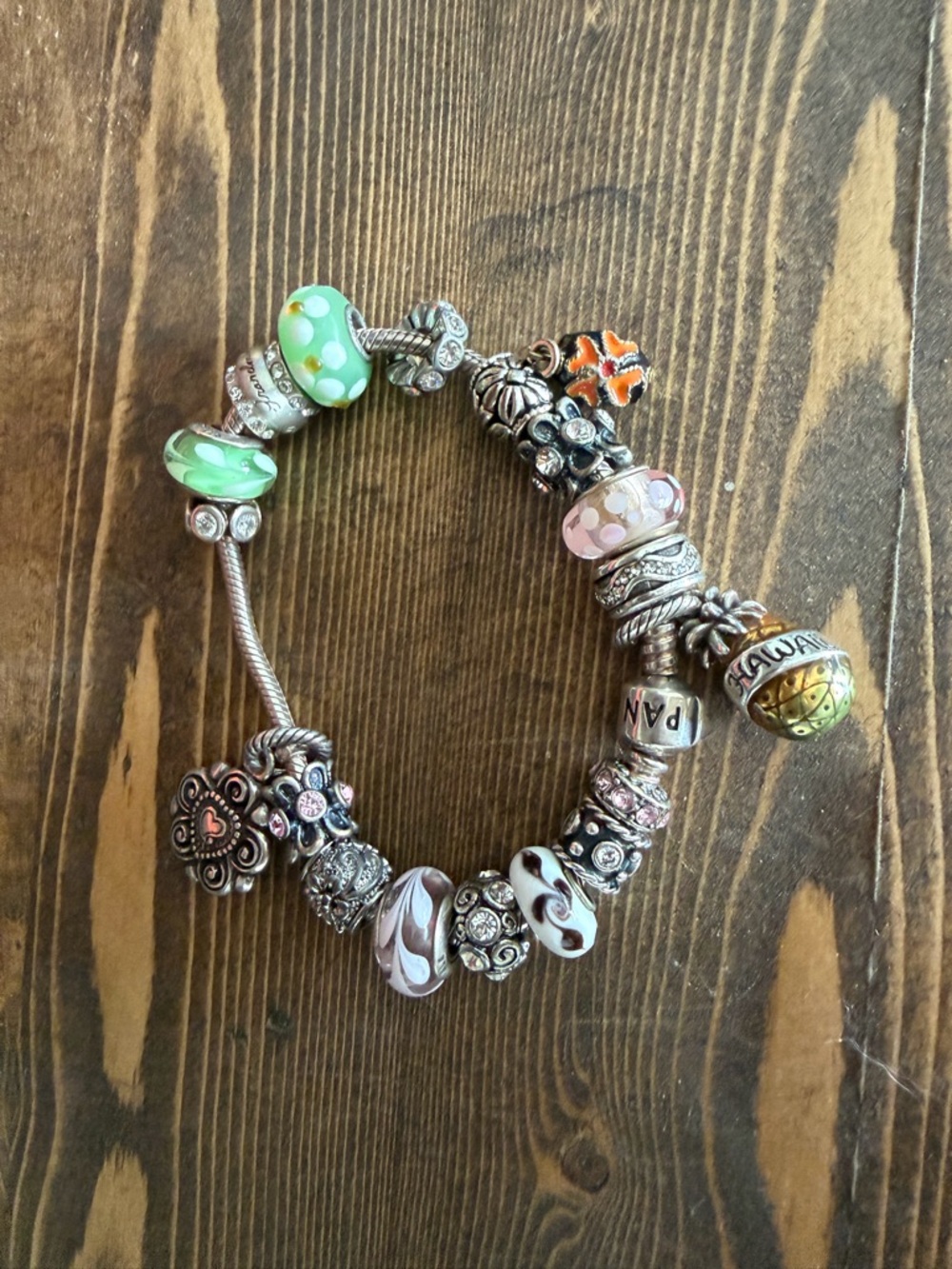 Pandora Multicolor Silver Charm Bracelet with Green, Pink & White Beads